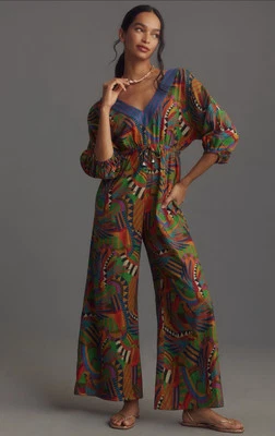 Farm Rio Jumpsuit Green Floral Wide Leg Linen Blend Preppy Retro Size XS NWT - Image 1 of 4