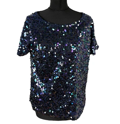 Next Multicolour Sequin Tshirt Top Round Neck Short Sleeve Women’s UK Size 10 - Image 1 of 4