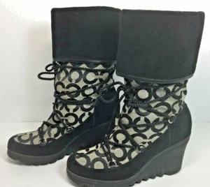 COACH Boots Wedge Maisy Signature C Logo Black Women's Size 6.5 NICE Free Ship! - Picture 1 of 11
