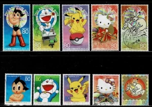 Japan PhilaNippon 2011 Anime Pokemon Hello Kitty Complete Used Set Sc# 3300 a-j - Picture 1 of 1