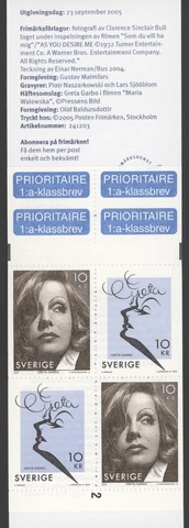 2005 SWEDEN Scott #2517c GRETA GARBO BOOKLET OF 4, MNH Cover