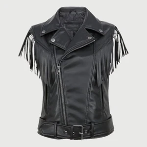 Women's Black Genuine Leather Fringe Waistcoat – Stylish Sleeveless Leather Vest - Picture 1 of 8