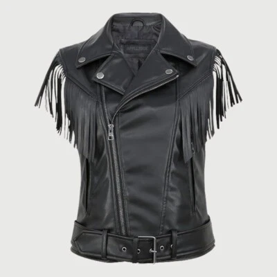 Women's Black Genuine Leather Fringe Waistcoat – Stylish Sleeveless Leather Vest - Image 1 of 4