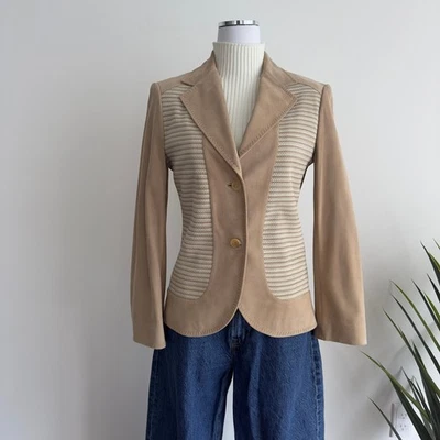 Chaqueta Agnona Mujer XS Cuero Gamuza Tostado Silenciosa Lujo Minimalista Hecha en Italia  Foto 1 de 4