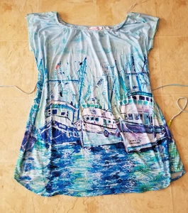 Leoma Lovegrove Sailboats blue aqua tassle tie waist sz M dress tunic - Picture 1 of 4