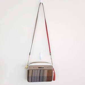 River Island Tartan Crossbody Bag Red Tassel Gold Chain Strap Faux Leather - Picture 1 of 14