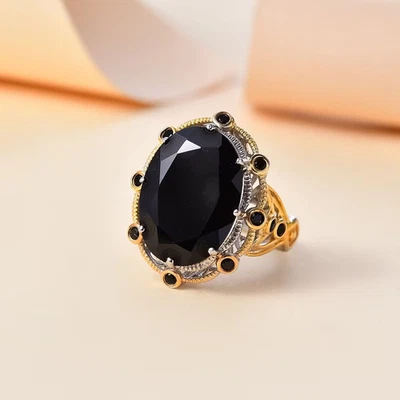 Anillo Espinela Negra 13,15 ctw enchapado en 18K YG y enlace de platino talla 7 Foto 1 de 4