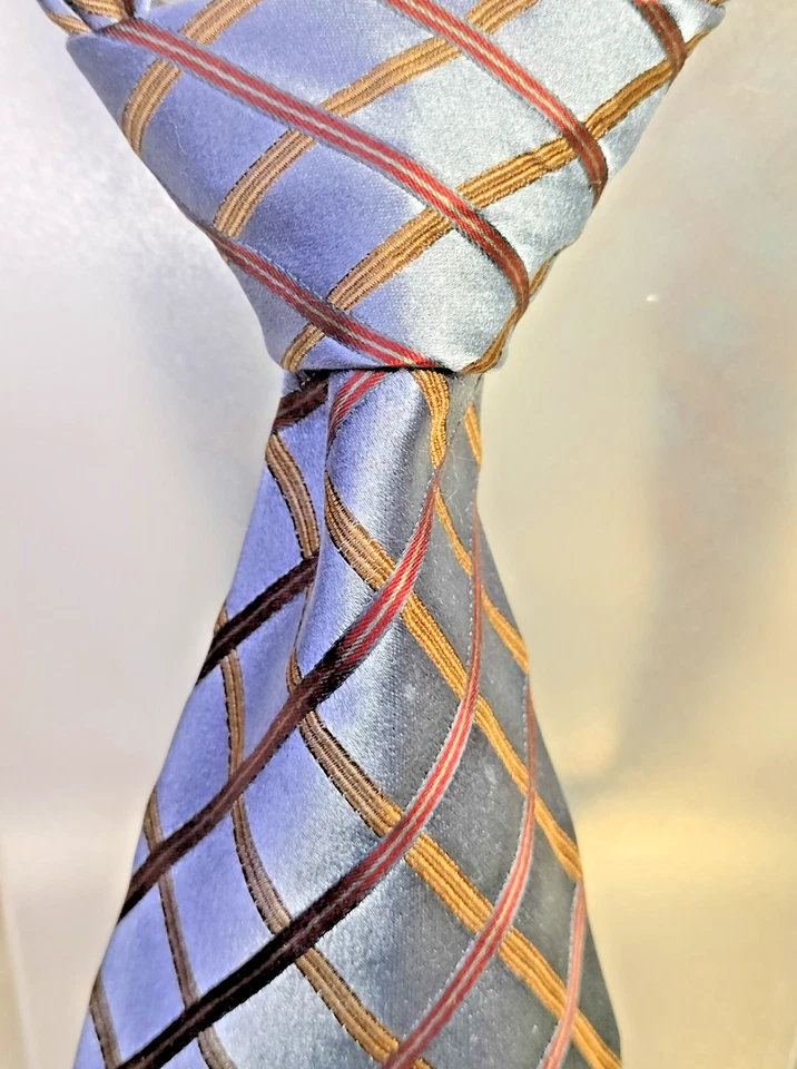 Gravata masculina Massimo Bizzocchi feita à mão seda italiana azul vermelho marrom padrão xadrez  - Imagem 1 de 4