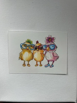 Tarjeta de Arte ACEO Original, Color Lápiz Pájaro Trío Foto 1 de 3