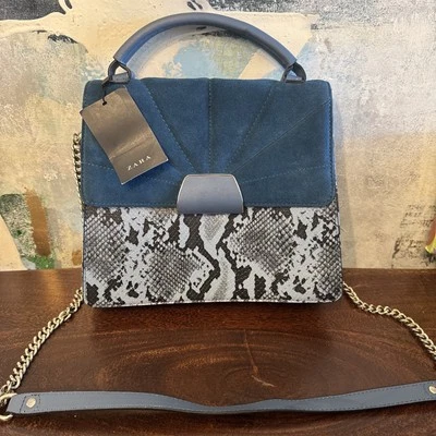 ZARA 蓝色人造蛇皮斜挎包钱包对比皮革链条带热销 — 第 1/4 张图片
