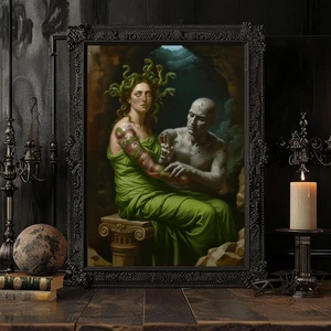 Medusa and the Stone Man Art Print Mythological Tattoo Gothic Wall Art A3 A4 - Picture 1 of 8