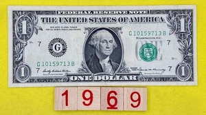 Vintage Series 1969 Fancy Serial Number $1 Dollar Bill G 10159713 B RARE FRN DC - Picture 1 of 7