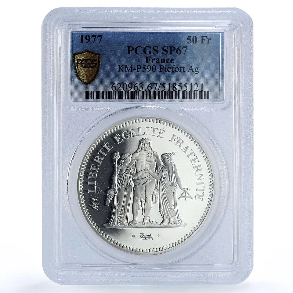 Francia 50 francos Hércules Piefort Libertad Igualdad SP67 PCGS moneda de plata 1977 Foto 1 de 2