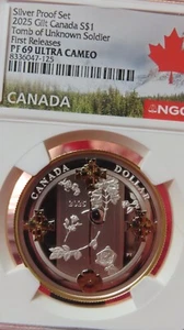 2025 $1 CANADA GILT SILVER DOLLAR PROOF NGC PF69 TOMB OF THE UNKNOWN SOLDIER FR - Picture 1 of 5