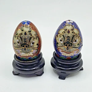 Set of 2 Beautiful Floral Dragon Cloisonné Enameled Decorative Eggs with Stands - Picture 1 of 8