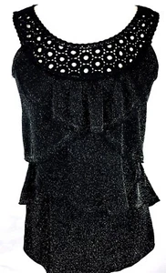 New Direction Womens Black Metallic & Crochet Ruffle Tank Top Blouse Size M - Picture 1 of 9