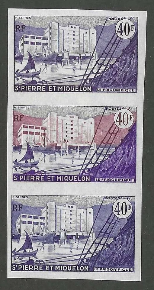 FRANCE ST. PIERRE ET MI QUEEN IMPERF STRIP OF 3 COLOR TRIAL SC. 349 NEVER HINGED - Image 1 of 1