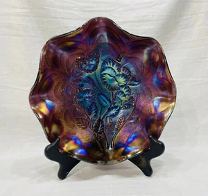 Antique Imperial 9” Black Amethyst PANSY/ARC Patterned Carnival Glass Bowl EUC! - Picture 1 of 16
