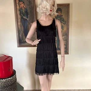 Flapper Gatsby Dress Costume Black Shimmy Fringe Mini Gold Sequin Trim XS/S - Picture 1 of 5