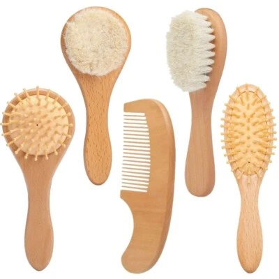 Baby Hair Brush Pure Natural Wool Beech Wooden Hair Comb Massage Kids Grooming - Image 1 of 4