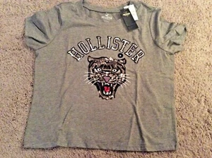 BNWT New Hollister Graphic Logo Slim Tee Shirt - Grey - Size M - Sequin Panther - Picture 1 of 5