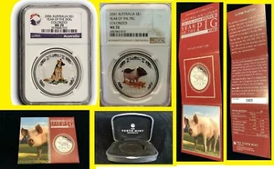 2006 2007 NGC MS70 Australia Year of the Dog Pig Colorized 2 oz Silver 2 Coin - Picture 1 of 5