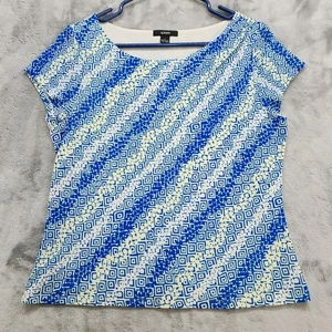 Vintage Alfani Top Womens L Blue White Yellow Diagonal Stripes Mesh Short Sleeve - Picture 1 of 7