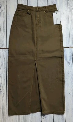 My Essential Wardrobe Lara Stretch Front Slit Maxi Skirt Military Olive Wash 10 - Image 1 of 4