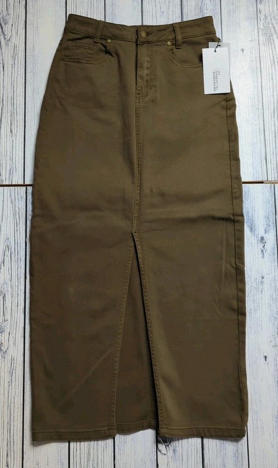 My Essential Wardrobe Lara Stretch Front Slit Maxi Skirt Military Olive Wash 10 - Image 1 of 4