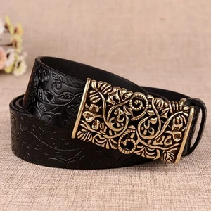 Leather Belt Floral Design Casual Pin Buckle QHA Womens Designer Genuine - Picture 1 of 14