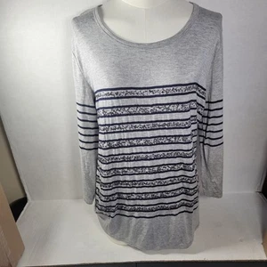 Fenn Wright Manson Casual Grey & Navy Striped Sequined 3/4 Sleeve Top Size L - Picture 1 of 10