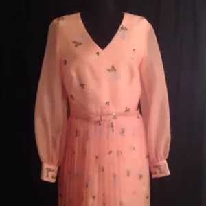 Alfred Shaheen Vintage 12 Maxi Dress Stunning! Peach Green Sheer Pleated - Picture 1 of 12