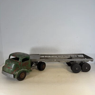 Camión Smith Miller Smitty Toys vintage años 40 50 cabina tractor con remolque de plataforma plana Foto 1 de 4