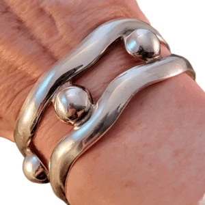 Bracciale Largo Sheila Laton Taxco Palla Onda Aperta Sterling - Foto 1 di 13