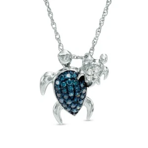 0.40 Ct Round Blue & White Diamond Mom & Baby Turtle Pendant Necklace 925 Silver - Picture 1 of 3