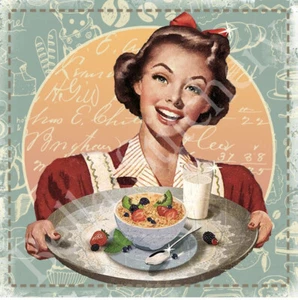 Breakfast Delivery Retro Vintage Kitsch - 8x8 Craft & Quilt Cotton Fabric Block - Picture 1 of 1