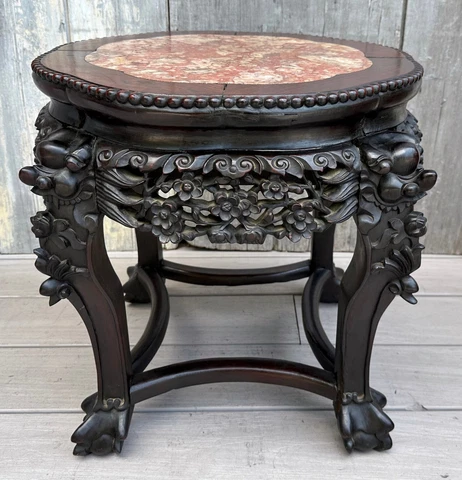 Antique 19th c. Chinese Carved Rosewood Plant Stand Low Table w/ Foo Dogs Cover