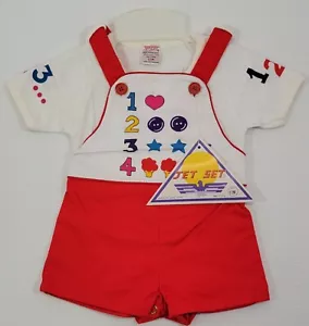 AJ) Vintage Jet Set Baby Overalls Cotton Outfit Numbers 12 Months - Picture 1 of 6