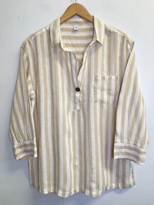 Camisa túnica popover de mezcla de lino L azul marino antigua para mujer a rayas tostadas calce relajado Foto 1 de 4