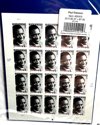 Пол Робсон новый лист из 20 марок США 37c, Скотт #3834, как новые без наклеек и следов, новый/нераспечатанный - Изображение 1 из 3