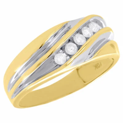 10K Two Tone Gold Mens Diamond Wedding Band Waved 5 Stone Engagement Ring 1/4 Ct - Image 1 of 4