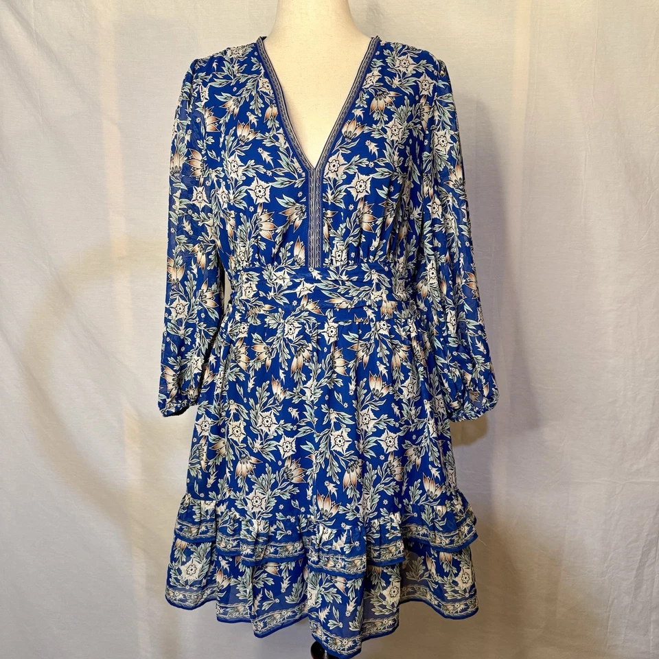 Max Studio платье женщин большой синий цветочный V шеи длинным рукавом ярусный богемное шик - Изображение 1 из 4