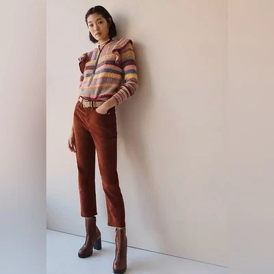 Suéter pulôver listra arco-íris multicolorido com babados Pilcro x Anthropologie tamanho XS - Imagem 1 de 4