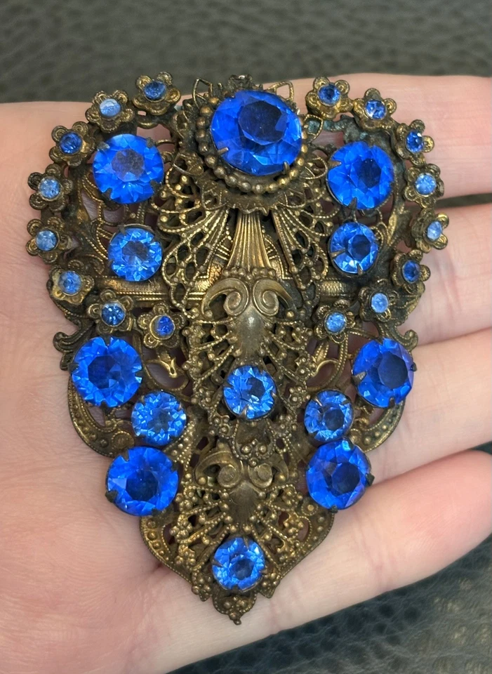 Vintage Art Nouveau Deco Czech Style Cobalt Blue Glass Floral Filigree Fur Clip - Image 1 of 4