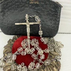 Vintage Hayward Sterling Rosary 23” Crystal Glass Beads + Leather Pouch  - Picture 1 of 13