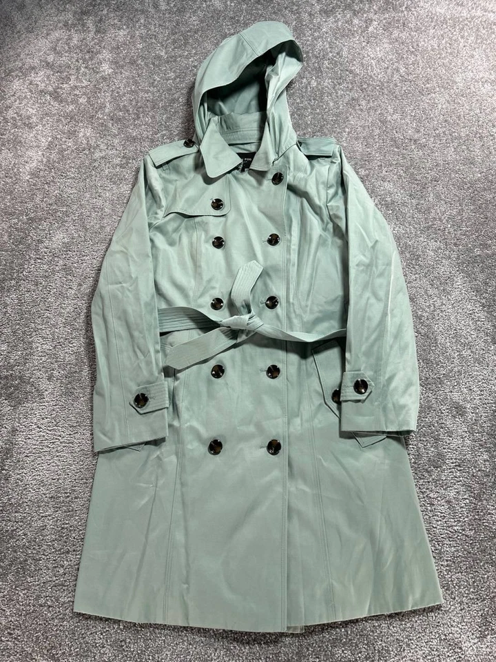 London Fog Trench Coat Womens Large Green Cotton Double Breasted Belted Hooded - Image 1 of 4