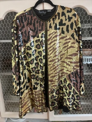 Chaqueta de Noche Vintage Razzle Dazzle Lentejuelas Estampado Animal Lentejuelas Completas 1X Foto 1 de 4