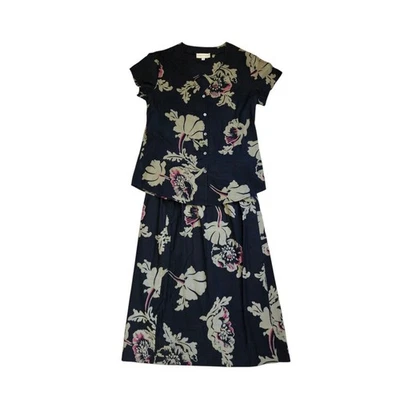 复古 Joseph Magnin 深色花卉轻便 2 件套裙子和衬衫 14 码 — 第 1/4 张图片