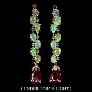925 Sterling Silver Earrings Pear Ruby 13x8mm Fire Opal Sapphire Gemstone - Picture 1 of 13