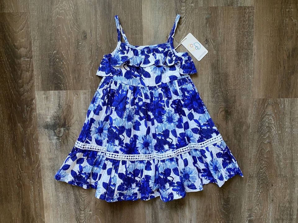 FLAPDOODLES nwt 蓝色和白色花卉背心裙内衬连衣裙 ~ 女孩尺寸 4 ~ 全新 — 第 1/4 张图片